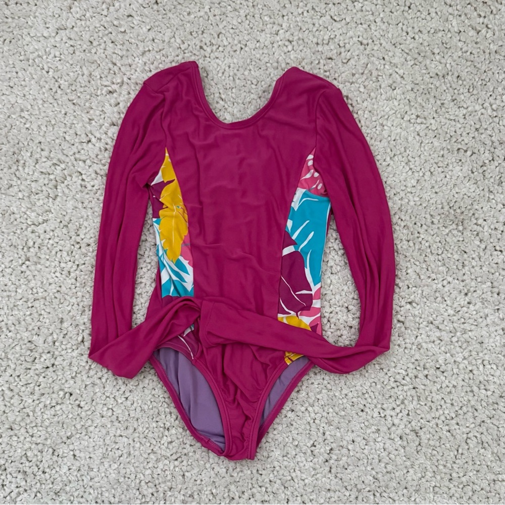Girls' Speedo Long-Sleeve Magenta Floral Panel Swimsuit
